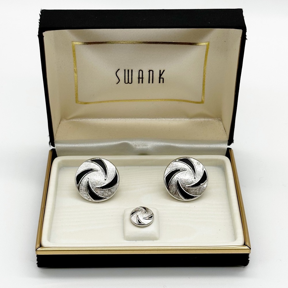 Vintage Swank Brushed Silver & Black Swirl Round Cufflinks & Tie Tack Set IOB